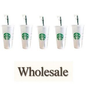 Starbucks - 1 24 oz Frosted Reusable Cold Cup with Lid and Green Straw - 5 Pack.